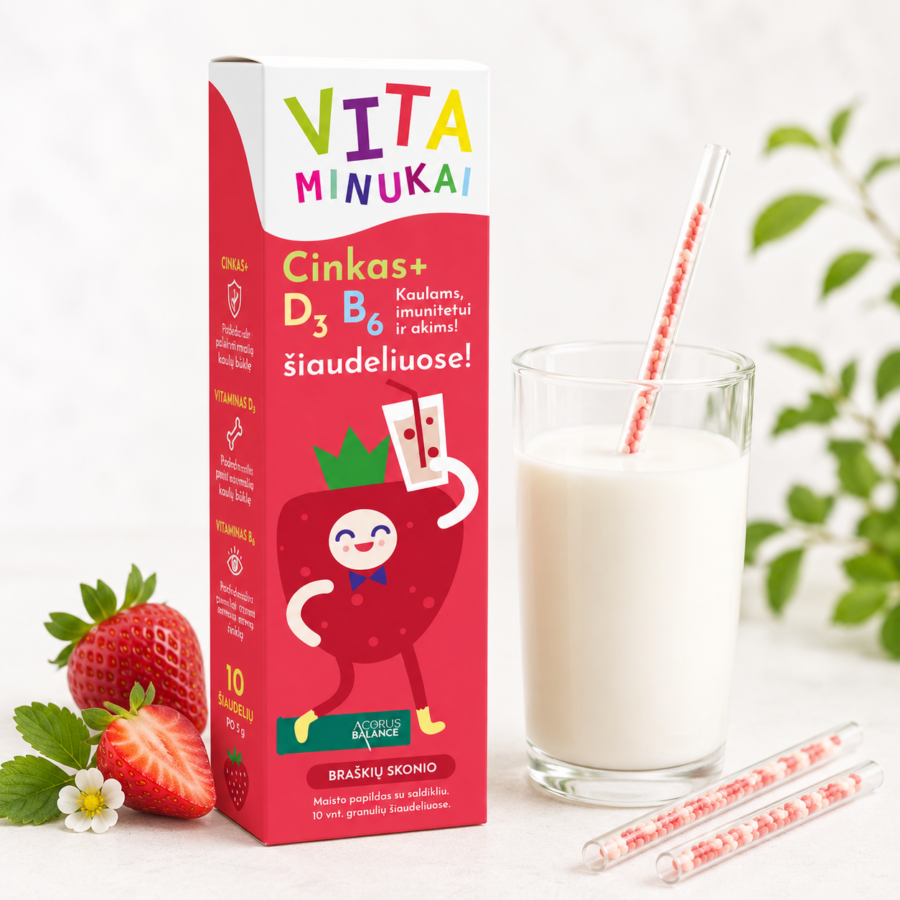 Vitaminukai, vitaminai su cinku, braškių skonio, Acorus Balance, 10 vnt.