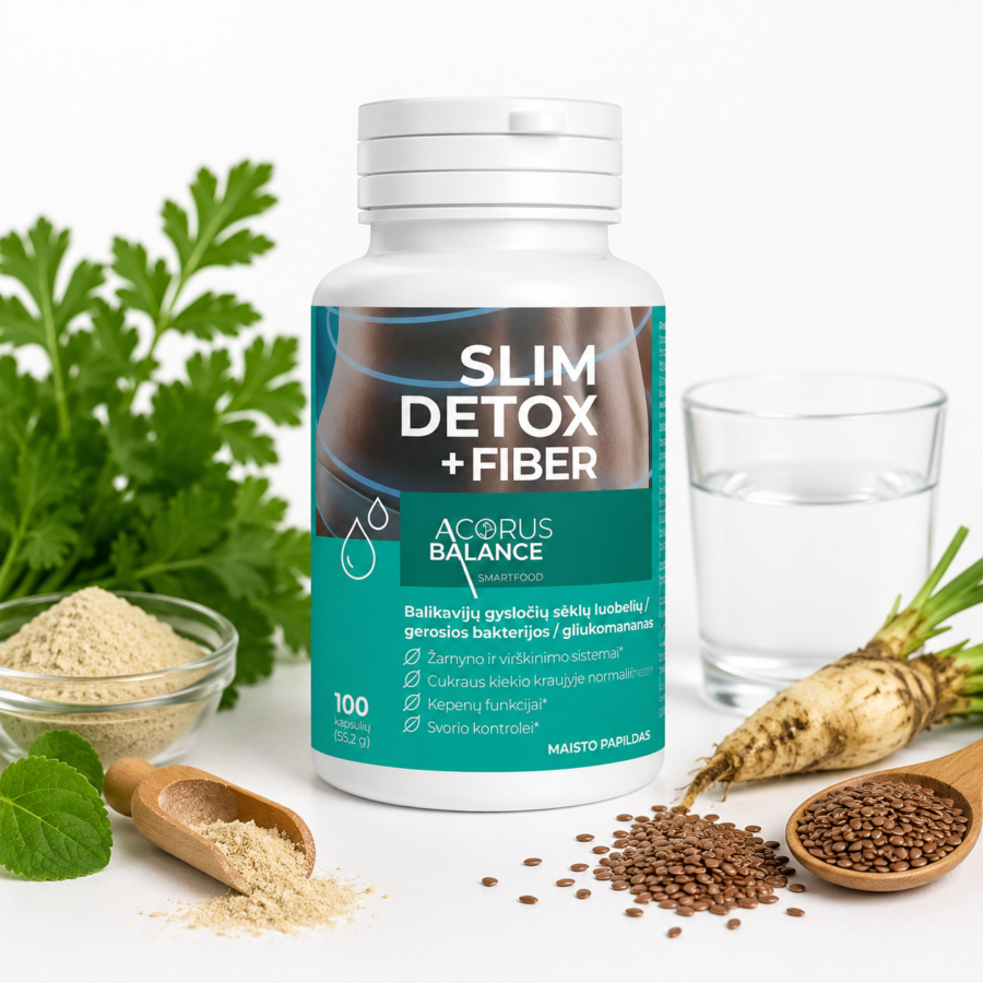 Slim detox fiber+, skaidulos kapsulėse, žarnynui, Acorus Balance, 100 vnt.