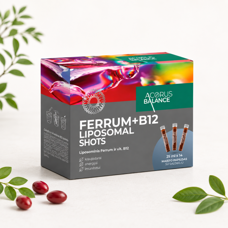 Ferrum + B12 Liposomal shots, kraujodarai, Acorus Balance, 14 vnt.