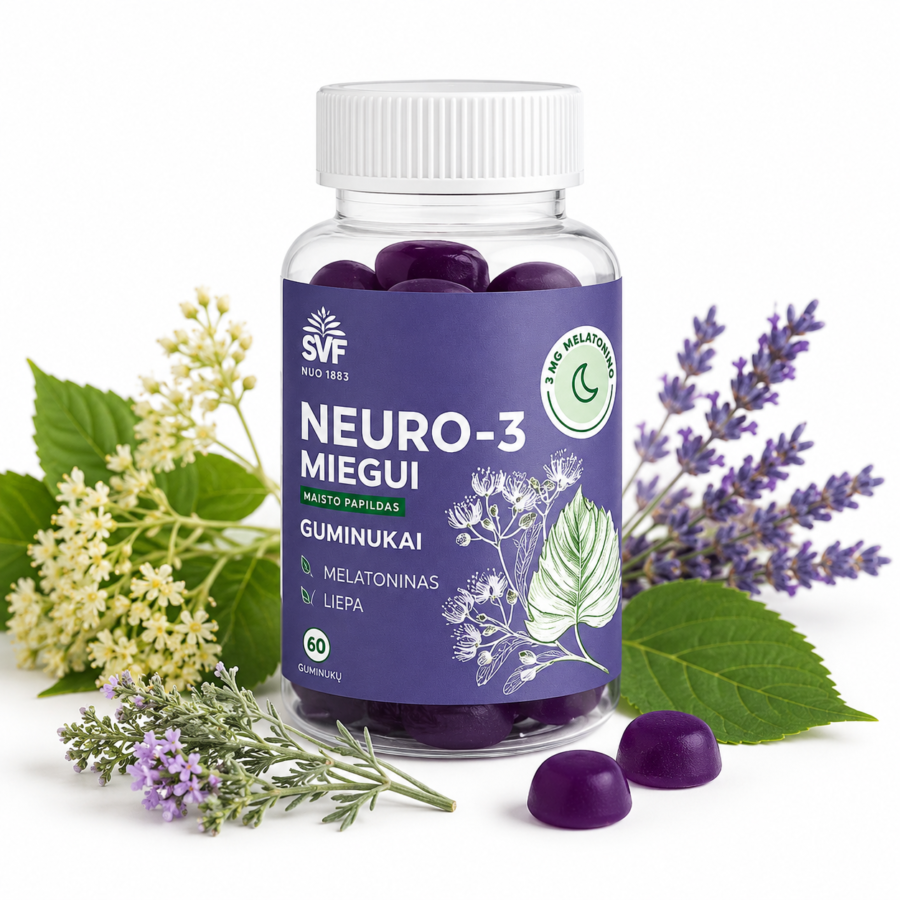 NEURO-3 miegui guminukai su melatoninu, Švenčionių vaistažolės, 60 vnt.
