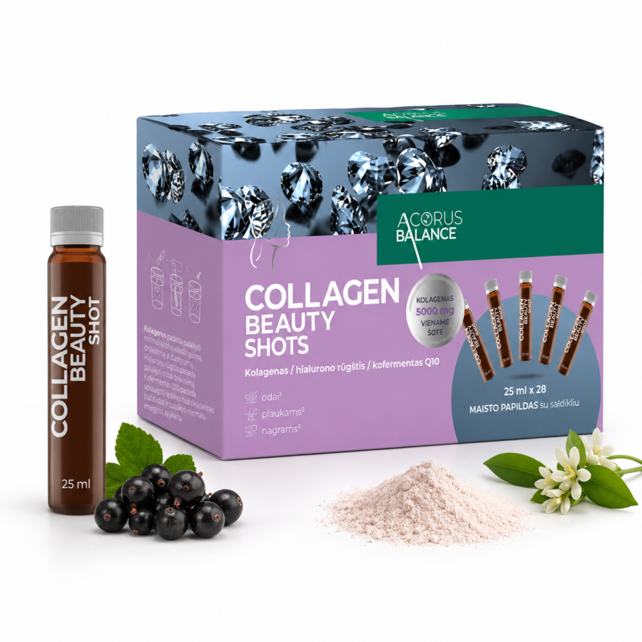Collagen beauty shots apelsinų skonio, odai, plaukams, nagams, Acorus Balance, 28 vnt.
