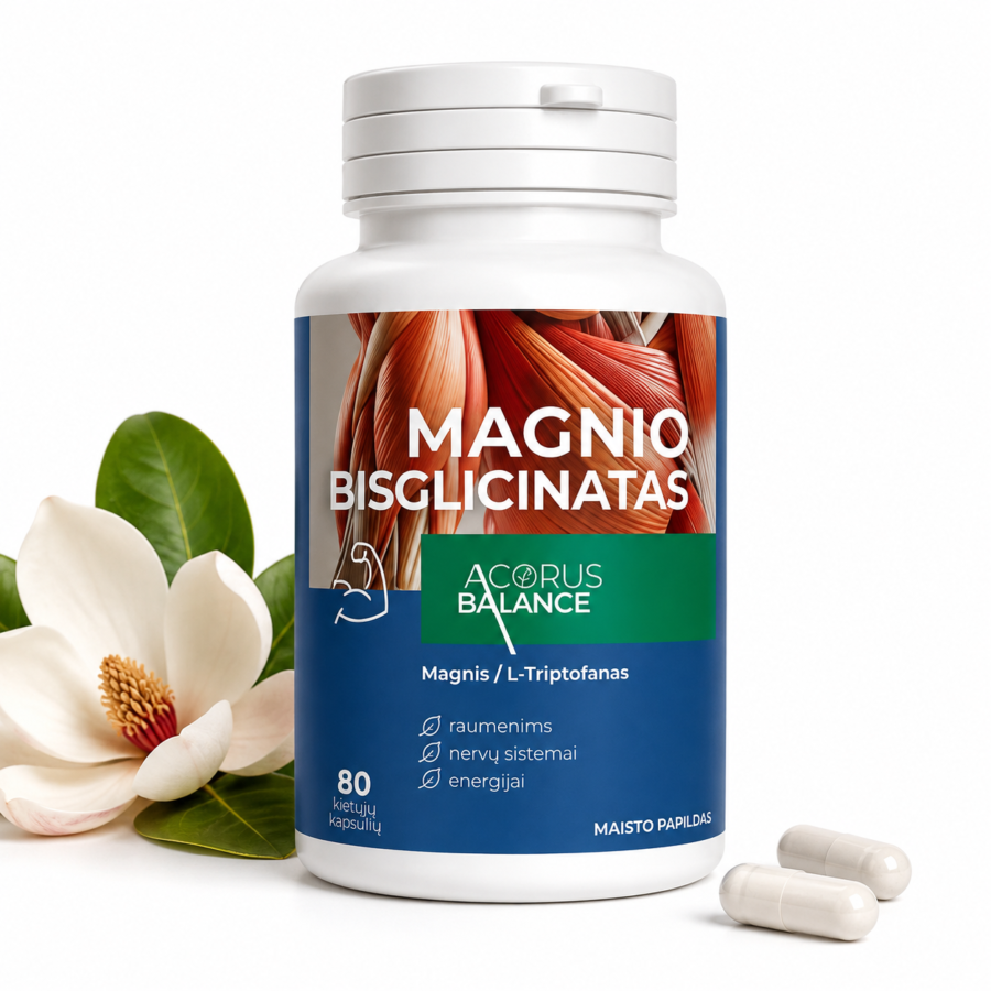 Magnio bisglicinatas, nervų sistemai, energijai, Acorus Balance, 80 kaps.